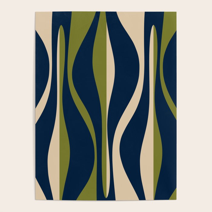 Mid Century Modern Striped Lounge Retro Ogee Pattern in Navy Blue Olive Green Beige Poster Gallery Image 4