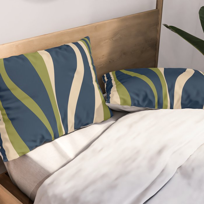 Mid Century Modern Striped Lounge Retro Ogee Pattern in Navy Blue Olive Green Beige Pillow Sham Gallery Image 2