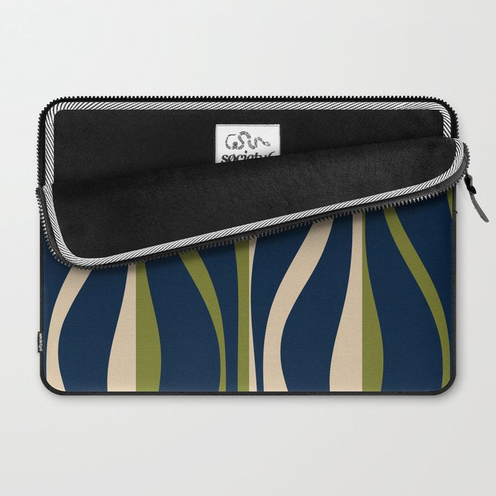 Mid Century Modern Striped Lounge Retro Ogee Pattern in Navy Blue Olive Green Beige Laptop Sleeve Gallery Image 2