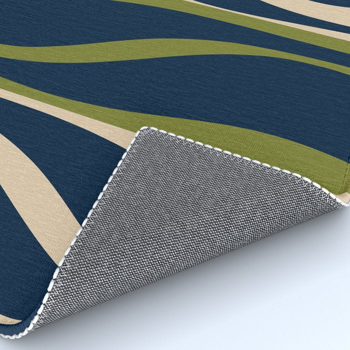 Mid Century Modern Striped Lounge Retro Ogee Pattern in Navy Blue Olive Green Beige Rug Gallery Image 4