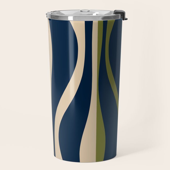 Mid Century Modern Striped Lounge Retro Ogee Pattern in Navy Blue Olive Green Beige Travel Mug Gallery Image 2