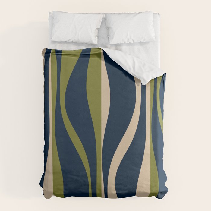 Mid Century Modern Striped Lounge Retro Ogee Pattern in Navy Blue Olive Green Beige Duvet Cover Gallery Image 1