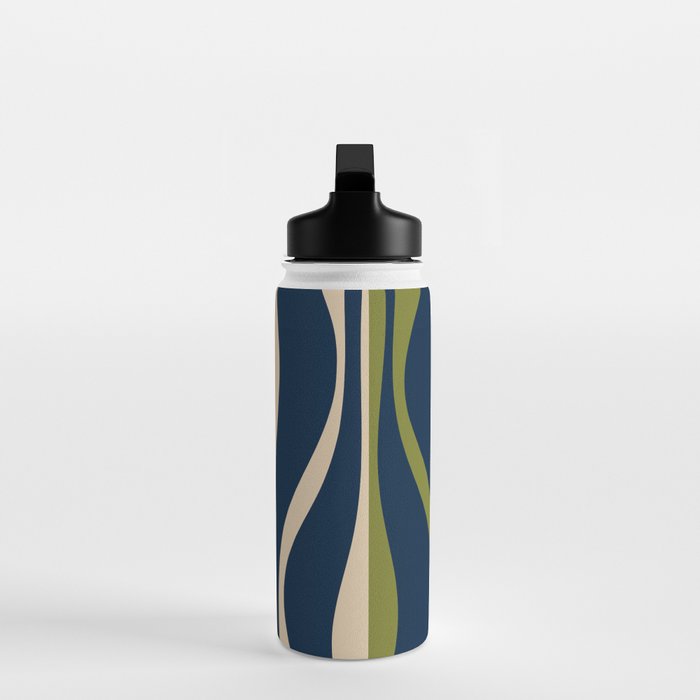 Mid Century Modern Striped Lounge Retro Ogee Pattern in Navy Blue Olive Green Beige Water Bottle Gallery Image 3