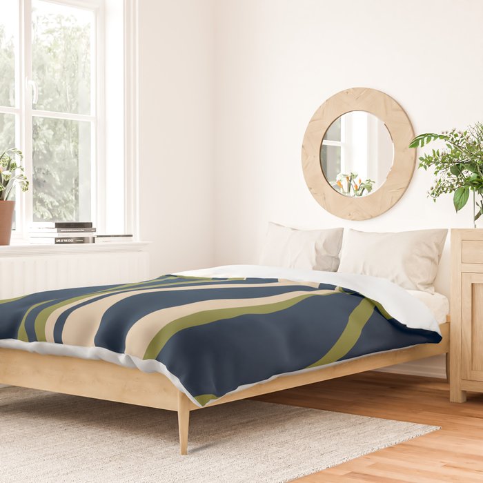 Mid Century Modern Striped Lounge Retro Ogee Pattern in Navy Blue Olive Green Beige Duvet Cover Gallery Image 2