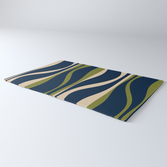 Mid Century Modern Striped Lounge Retro Ogee Pattern in Navy Blue Olive Green Beige Rug Gallery Image 3