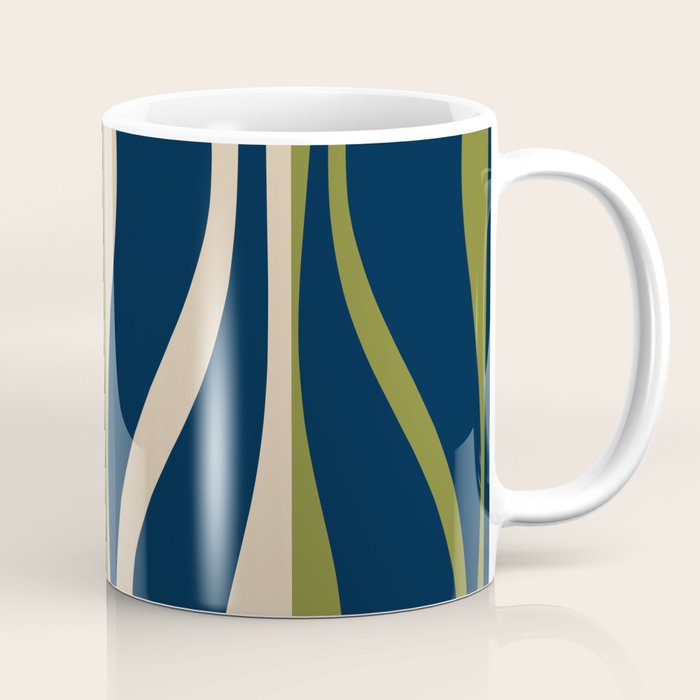 Mid Century Modern Striped Lounge Retro Ogee Pattern in Navy Blue Olive Green Beige Coffee Mug Gallery Image 1