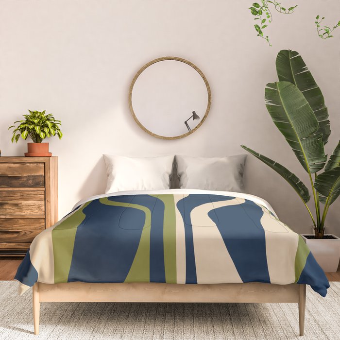 Mid Century Modern Striped Lounge Retro Ogee Pattern in Navy Blue Olive Green Beige Comforter Gallery Image 3
