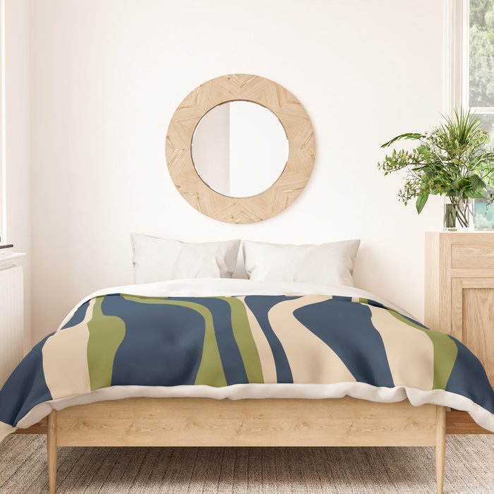 Mid Century Modern Striped Lounge Retro Ogee Pattern in Navy Blue Olive Green Beige Duvet Cover Gallery Image 3