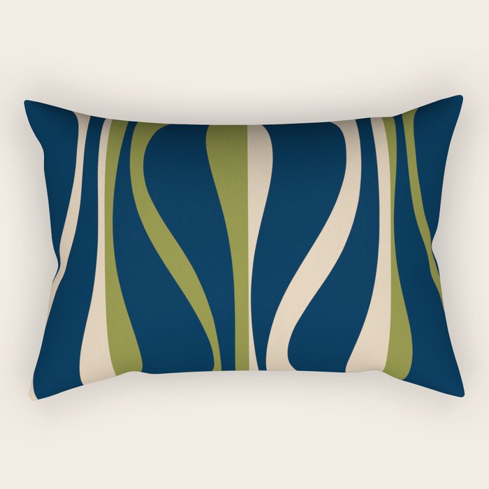 Mid Century Modern Striped Lounge Retro Ogee Pattern in Navy Blue Olive Green Beige Rectangular Pillow Gallery Image 1