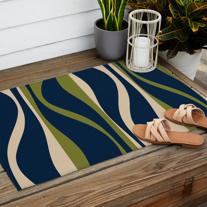 Mid Century Modern Striped Lounge Retro Ogee Pattern in Navy Blue Olive Green Beige Outdoor Rug Gallery Image 2
