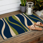 Mid Century Modern Striped Lounge Retro Ogee Pattern in Navy Blue Olive Green Beige Outdoor Rug Gallery Image 2