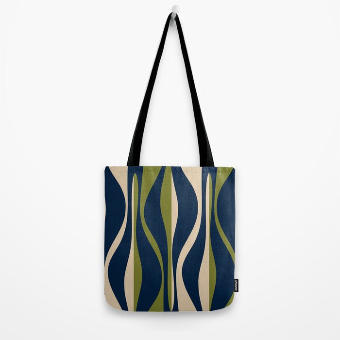 Mid Century Modern Striped Lounge Retro Ogee Pattern in Navy Blue Olive Green Beige Tote Bag Gallery Image 2