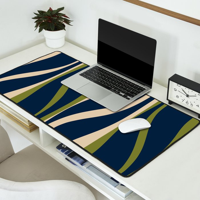 Mid Century Modern Striped Lounge Retro Ogee Pattern in Navy Blue Olive Green Beige Desk Mat Gallery Image 2