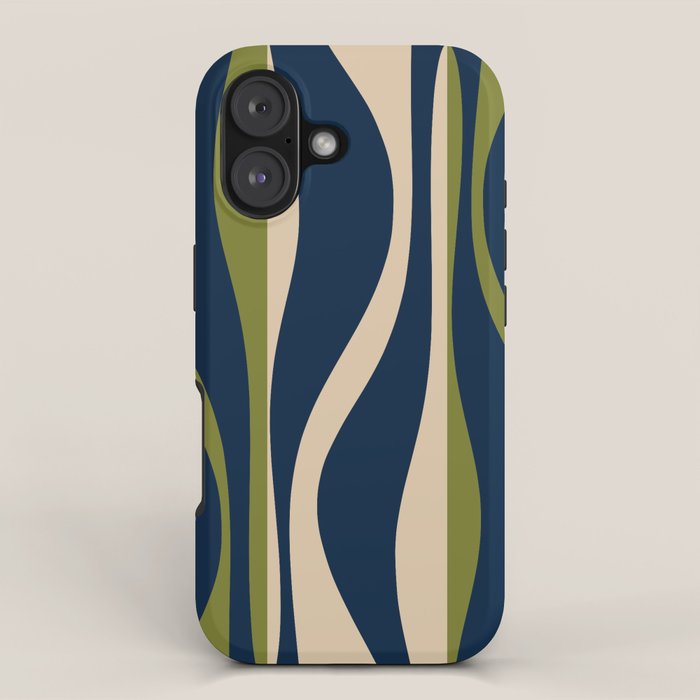Mid Century Modern Striped Lounge Retro Ogee Pattern in Navy Blue Olive Green Beige iPhone Case Gallery Image 1