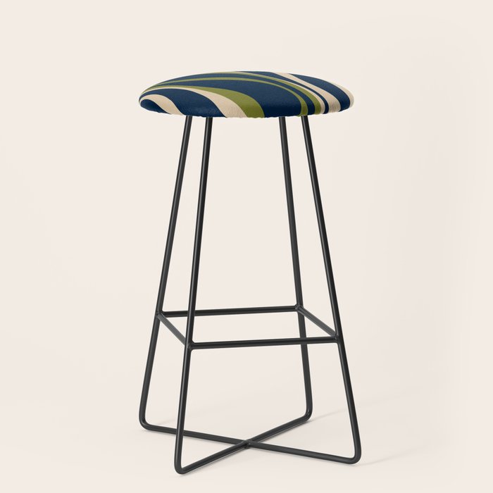 Mid Century Modern Striped Lounge Retro Ogee Pattern in Navy Blue Olive Green Beige Stool Gallery Image 1