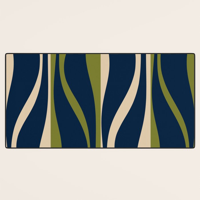 Mid Century Modern Striped Lounge Retro Ogee Pattern in Navy Blue Olive Green Beige Desk Mat Gallery Image 3