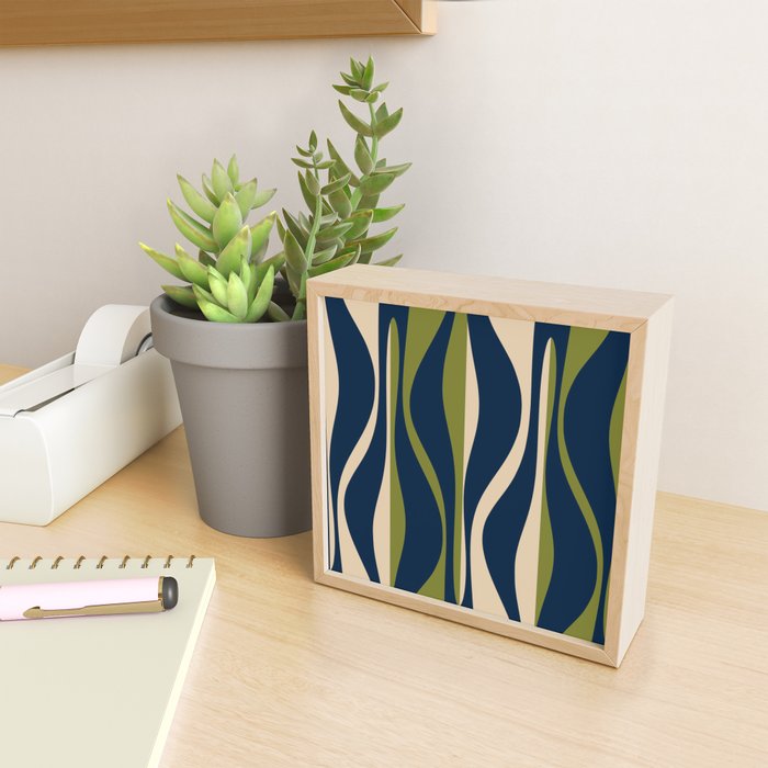 Mid Century Modern Striped Lounge Retro Ogee Pattern in Navy Blue Olive Green Beige Mini Art Print Gallery Image 2