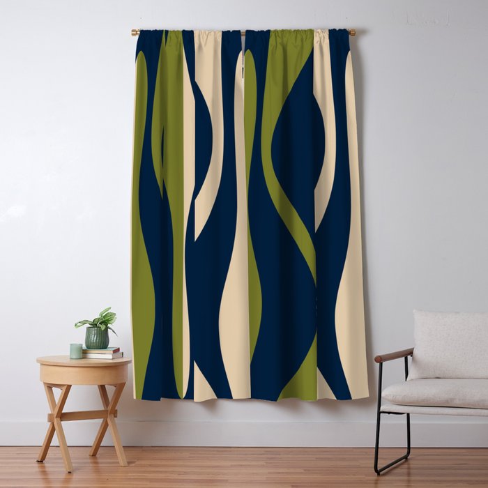 Mid Century Modern Striped Lounge Retro Ogee Pattern in Navy Blue Olive Green Beige Window Curtain Gallery Image 5