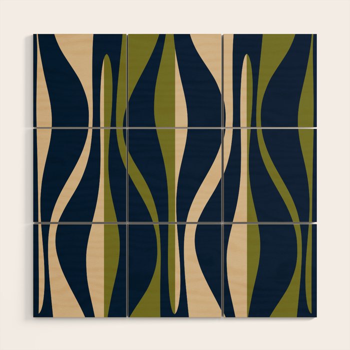 Mid Century Modern Striped Lounge Retro Ogee Pattern in Navy Blue Olive Green Beige Wood Wall Art Gallery Image 1