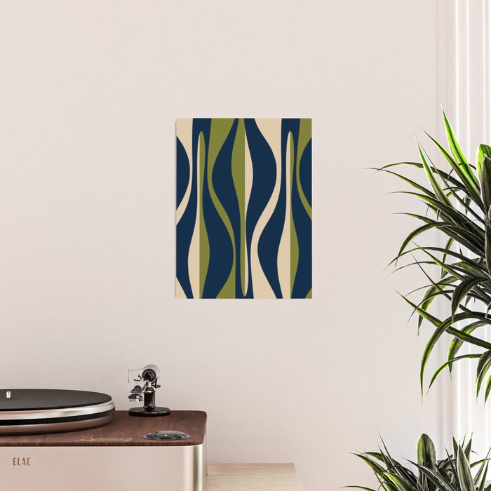 Mid Century Modern Striped Lounge Retro Ogee Pattern in Navy Blue Olive Green Beige Poster Gallery Image 2
