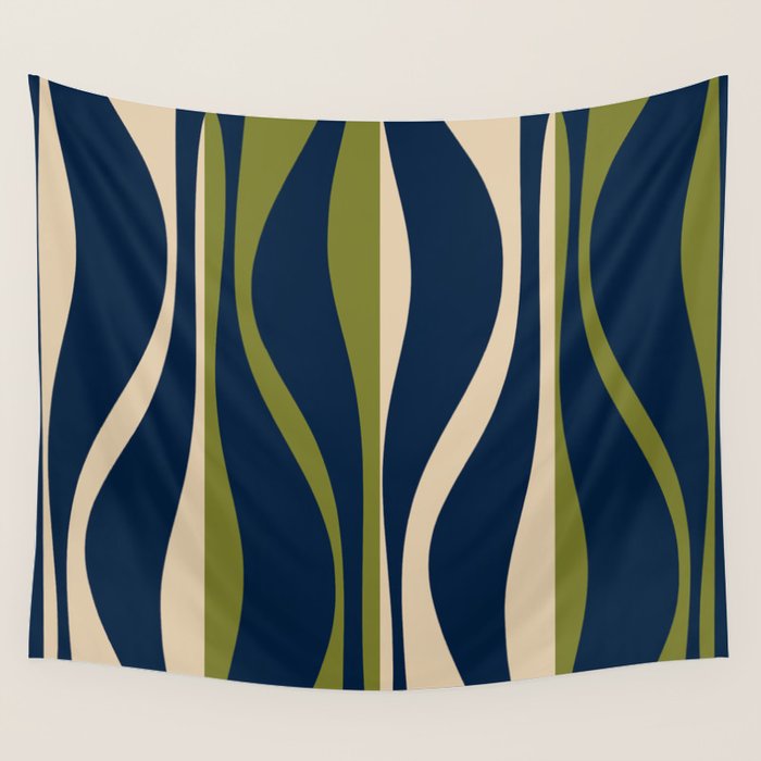 Mid Century Modern Striped Lounge Retro Ogee Pattern in Navy Blue Olive Green Beige Wall Tapestry Gallery Image 4