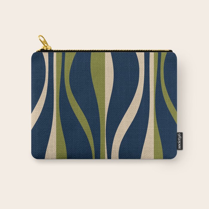 Mid Century Modern Striped Lounge Retro Ogee Pattern in Navy Blue Olive Green Beige Carry All Pouch Gallery Image 1