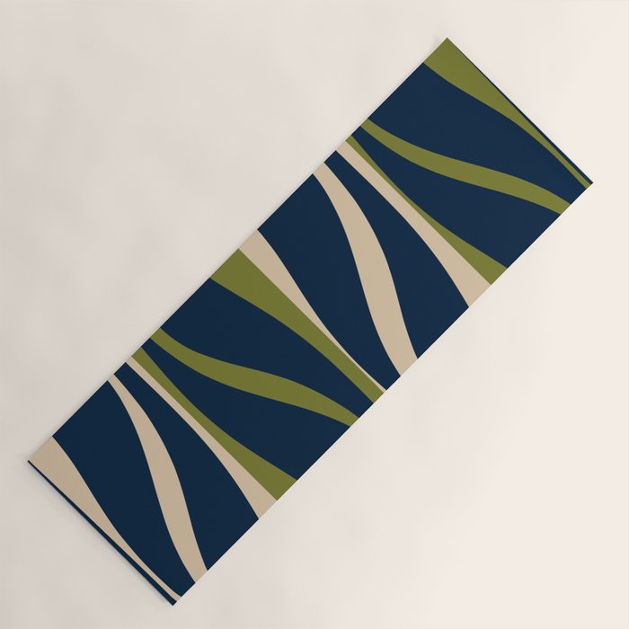 Mid Century Modern Striped Lounge Retro Ogee Pattern in Navy Blue Olive Green Beige Yoga Mat Gallery Image 1