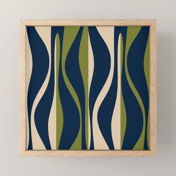 Mid Century Modern Striped Lounge Retro Ogee Pattern in Navy Blue Olive Green Beige Mini Art Print Gallery Image 1