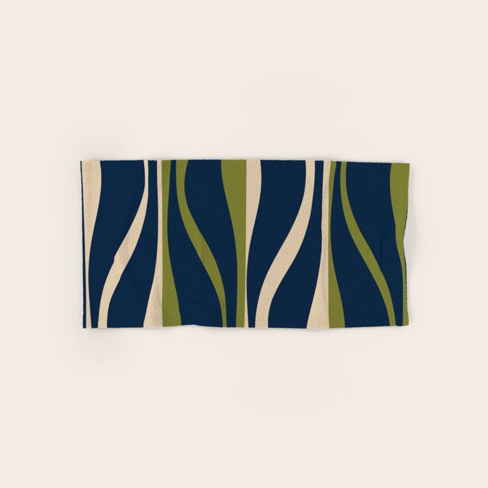 Mid Century Modern Striped Lounge Retro Ogee Pattern in Navy Blue Olive Green Beige Bath Towel Gallery Image 1