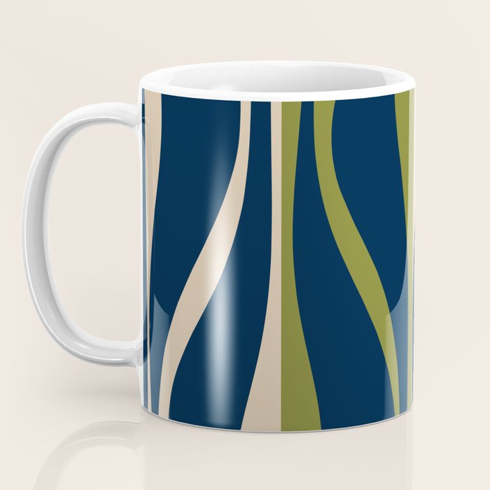 Mid Century Modern Striped Lounge Retro Ogee Pattern in Navy Blue Olive Green Beige Coffee Mug Gallery Image 3