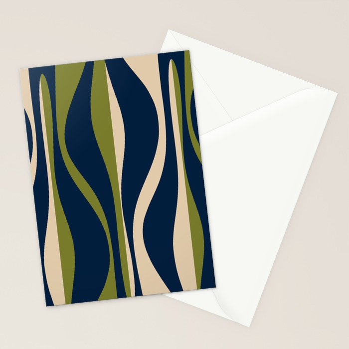Mid Century Modern Striped Lounge Retro Ogee Pattern in Navy Blue Olive Green Beige Stationery Card Gallery Image 2