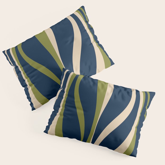Mid Century Modern Striped Lounge Retro Ogee Pattern in Navy Blue Olive Green Beige Pillow Sham Gallery Image 1