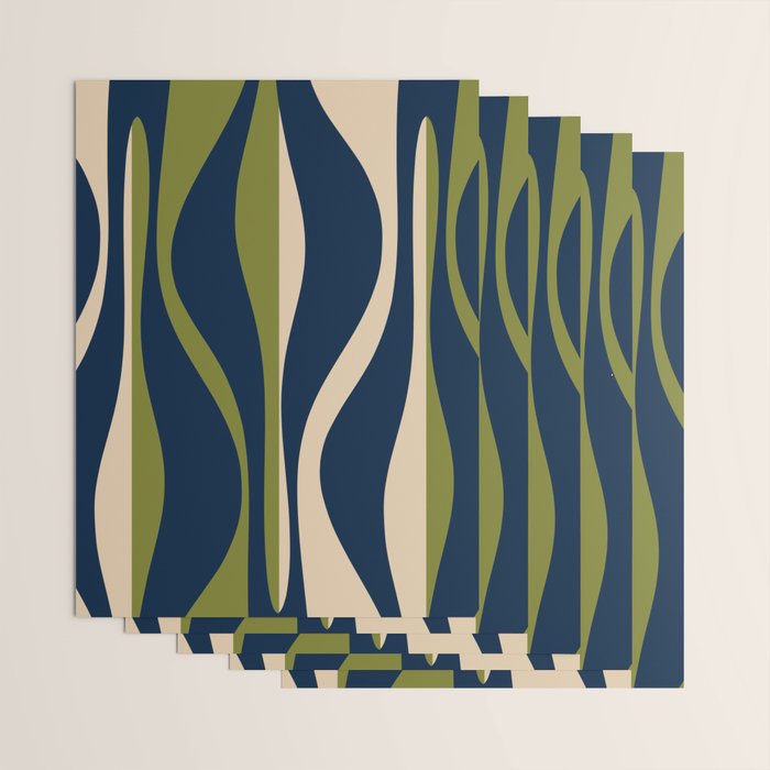 Mid Century Modern Striped Lounge Retro Ogee Pattern in Navy Blue Olive Green Beige Wrapping Paper Gallery Image 3