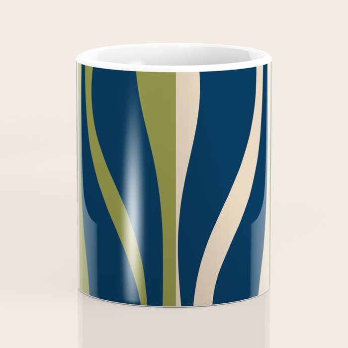 Mid Century Modern Striped Lounge Retro Ogee Pattern in Navy Blue Olive Green Beige Coffee Mug Gallery Image 4