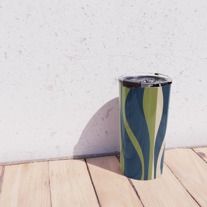 Mid Century Modern Striped Lounge Retro Ogee Pattern in Navy Blue Olive Green Beige Travel Mug Gallery Image 4