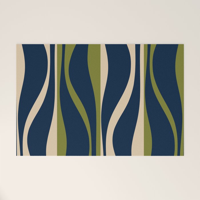 Mid Century Modern Striped Lounge Retro Ogee Pattern in Navy Blue Olive Green Beige Welcome Mat Gallery Image 1