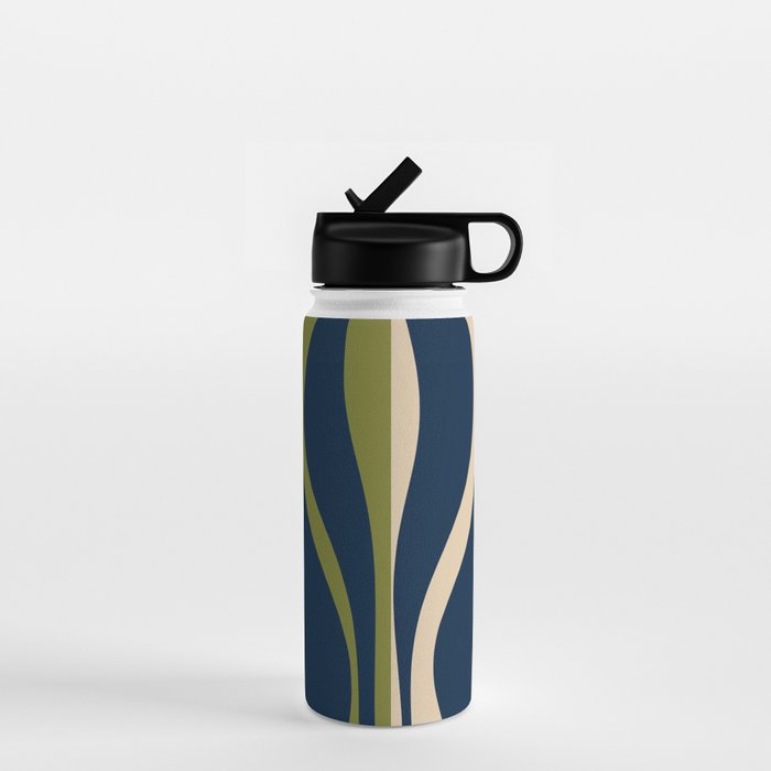 Mid Century Modern Striped Lounge Retro Ogee Pattern in Navy Blue Olive Green Beige Water Bottle Gallery Image 1