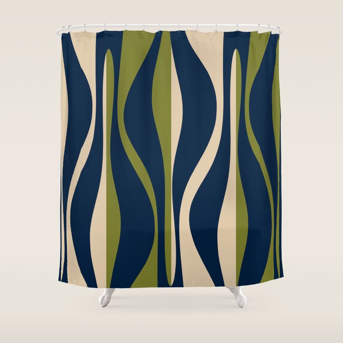Mid Century Modern Striped Lounge Retro Ogee Pattern in Navy Blue Olive Green Beige Shower Curtain Gallery Image 1
