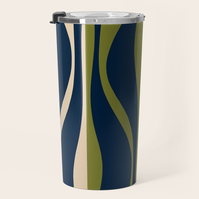 Mid Century Modern Striped Lounge Retro Ogee Pattern in Navy Blue Olive Green Beige Travel Mug Gallery Image 3