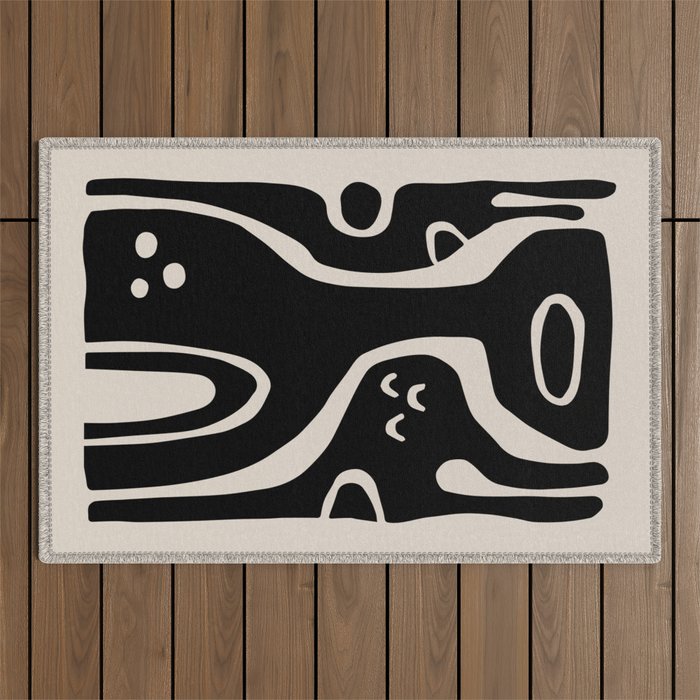 Abstract Art Black and Linen White Outdoor Rug Gallery Image 1