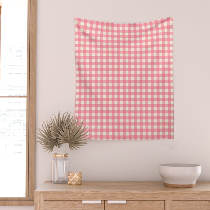 Gingham Plaid Checkered Pattern Pretty Pink and Cream Wall Tapestry Gallery Image 2