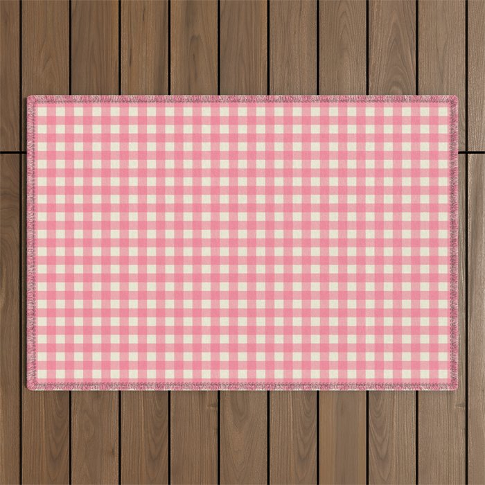 Gingham Plaid Checkered Pattern Pretty Pink and Cream Outdoor Rug Gallery Image 1