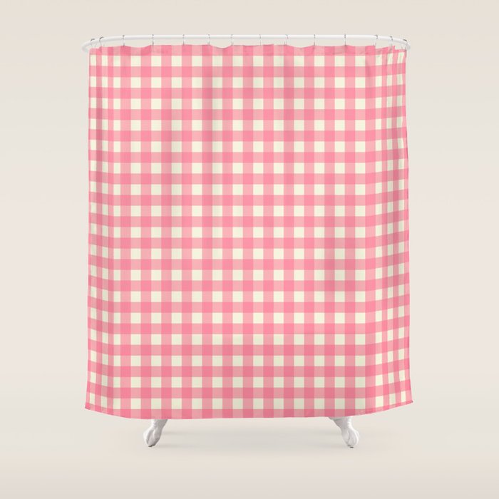 Gingham Plaid Checkered Pattern Pretty Pink and Cream Shower Curtain Gallery Image 1