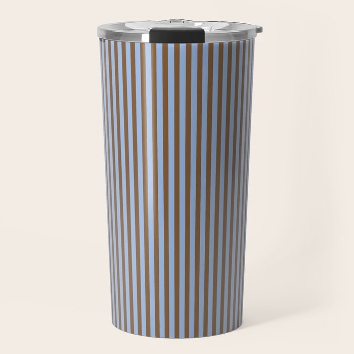Narrow Stripes Vertical Pattern in Brown and Blue Travel Mug Gallery Image 1
