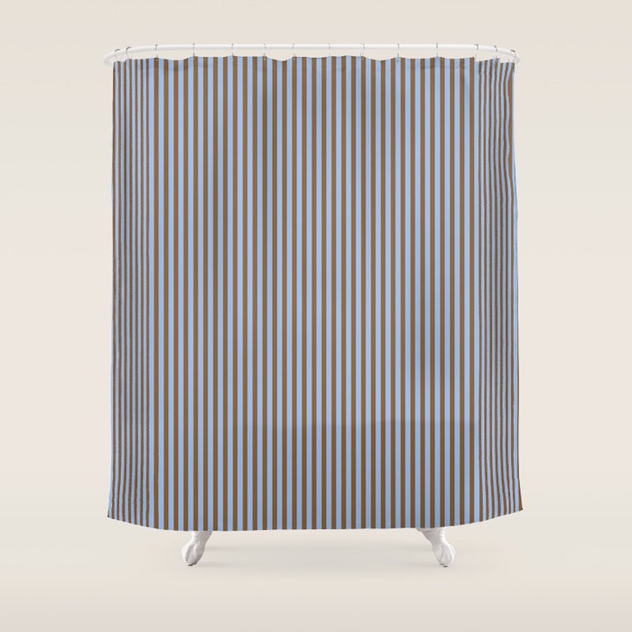 Narrow Stripes Vertical Pattern in Brown and Blue Shower Curtain Gallery Image 1