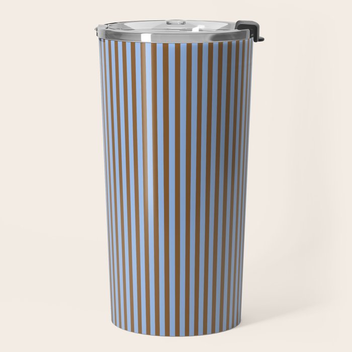 Narrow Stripes Vertical Pattern in Brown and Blue Travel Mug Gallery Image 2