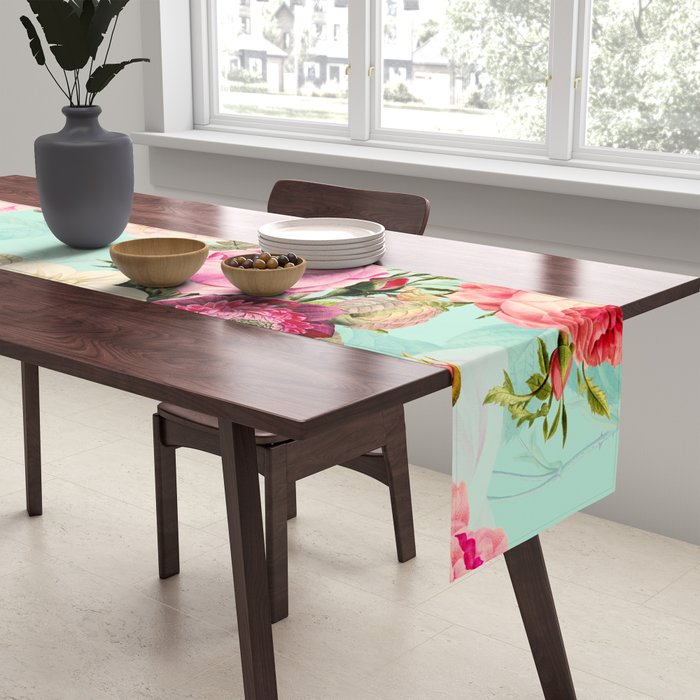 Vintage & Shabby Chic - Summer Teal Roses Flower Garden Table Runner Gallery Image 2