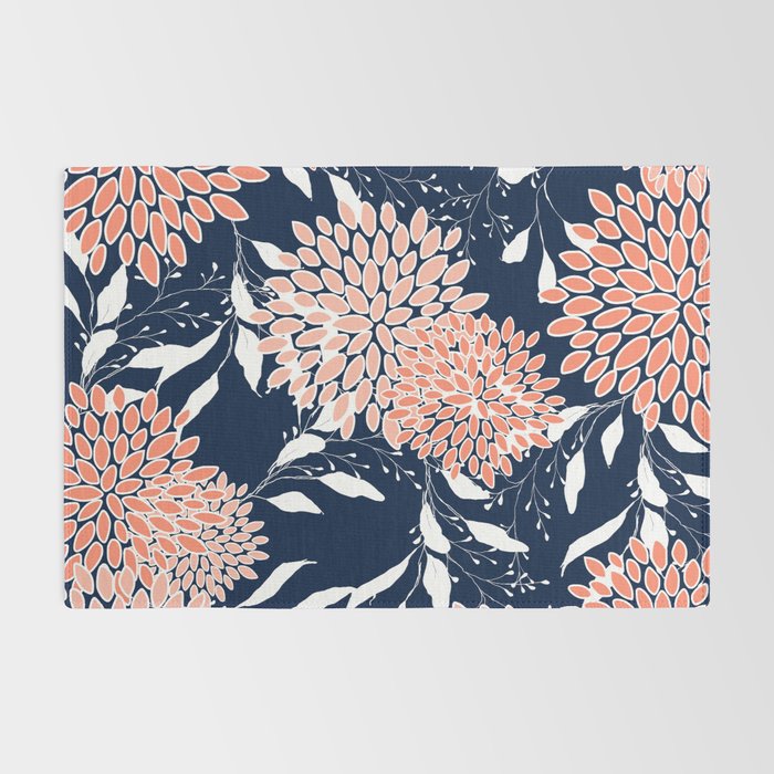Floral Blooms and Leaves, Navy, Coral and White Rug Gallery Image 2