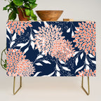 Floral Blooms and Leaves, Navy, Coral and White Credenza Gallery Image 1