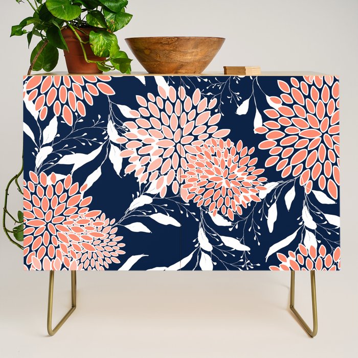 Floral Blooms and Leaves, Navy, Coral and White Credenza Gallery Image 1